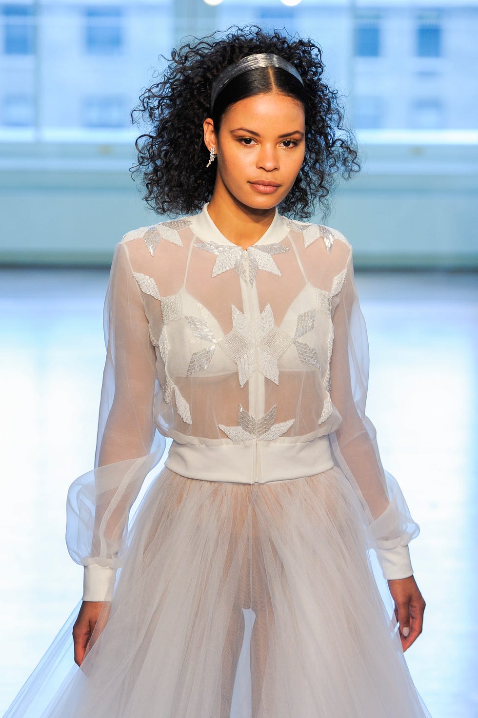 Fashion model, Fashion show, Fashion, White, Runway, Clothing, Haute couture, Beauty, Hairstyle, Dress, 