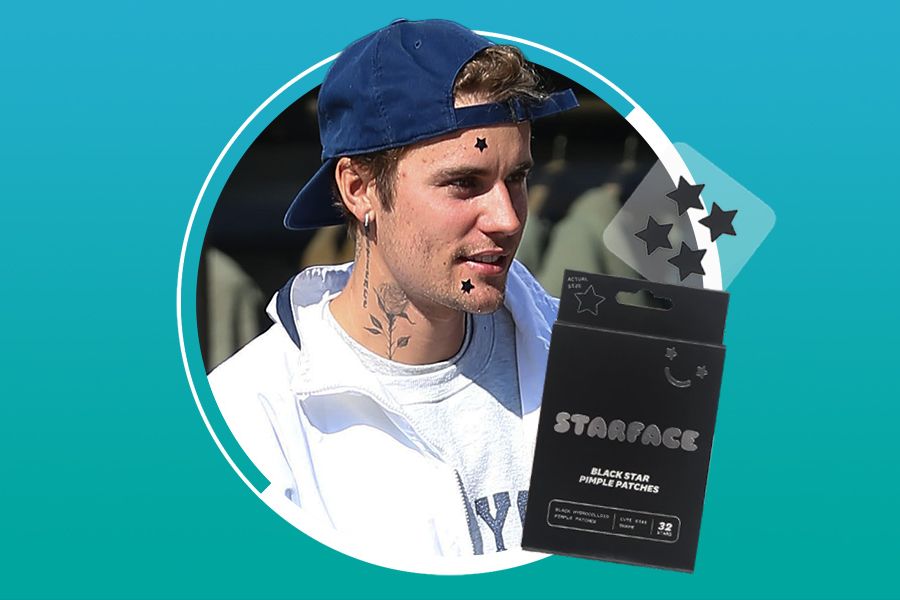 justin bieber wearing black starface pimple patches