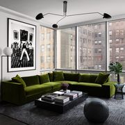 living room, green couch, dark gray rug, black and white wall art