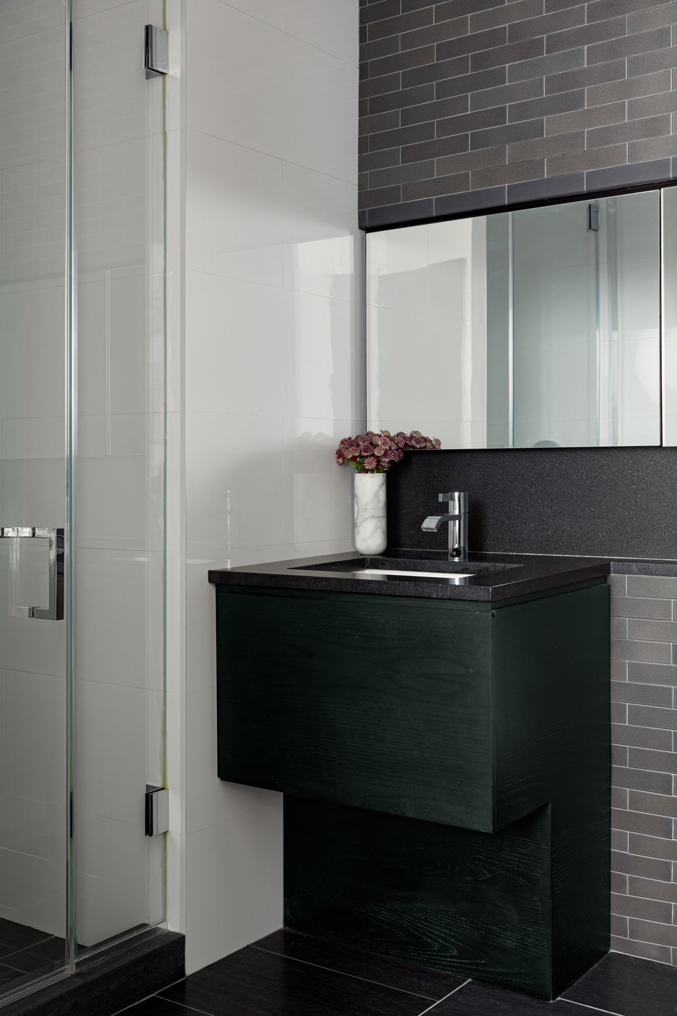 bathroom, green vanity with black countertop