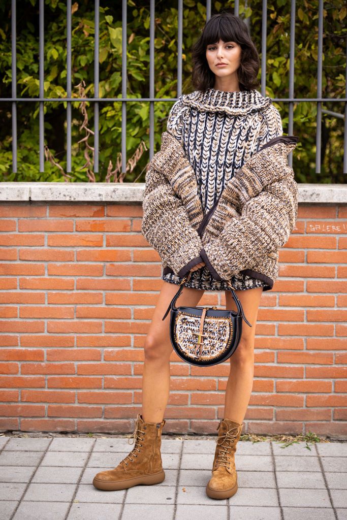 Elegant Neutral Tones Outfit with Sweater Dress and Designer Bag