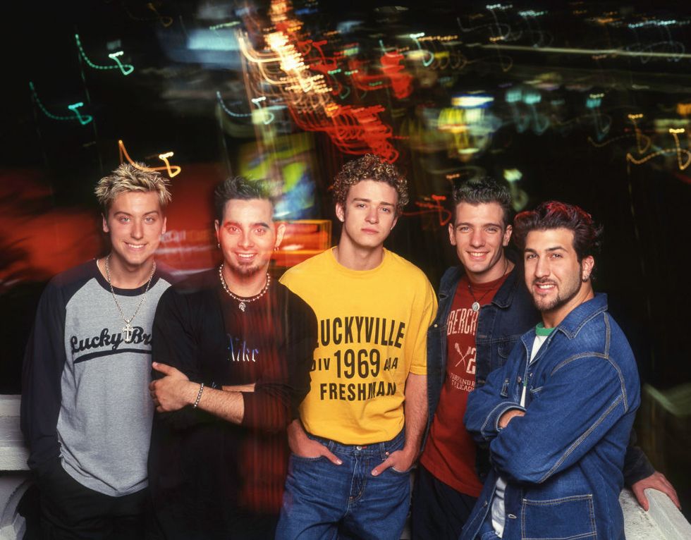 american boy band n sync, on the balcony of the penthouse suite of the chateau marmont overlooking sunset boulevard, los angeles, california, united states, january 2000 left to right lance bass, chris kirkpatrick, justin timberlake, jc chasez, joey fatone photo by tim roneygetty images