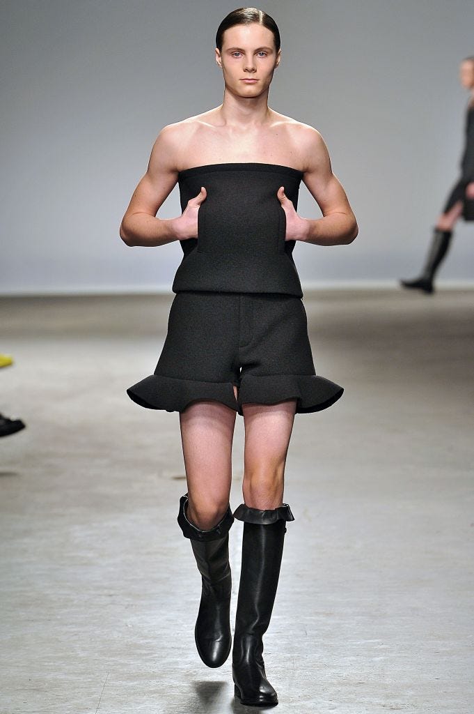 london, united kingdom january 09 a model walks the catwalk during the jw anderson ready to wear fallwinter 2013 2014 show at the london collections men aw13 at the old sorting office on january 9, 2013 in london, england photo by victor virgilegamma rapho via getty images