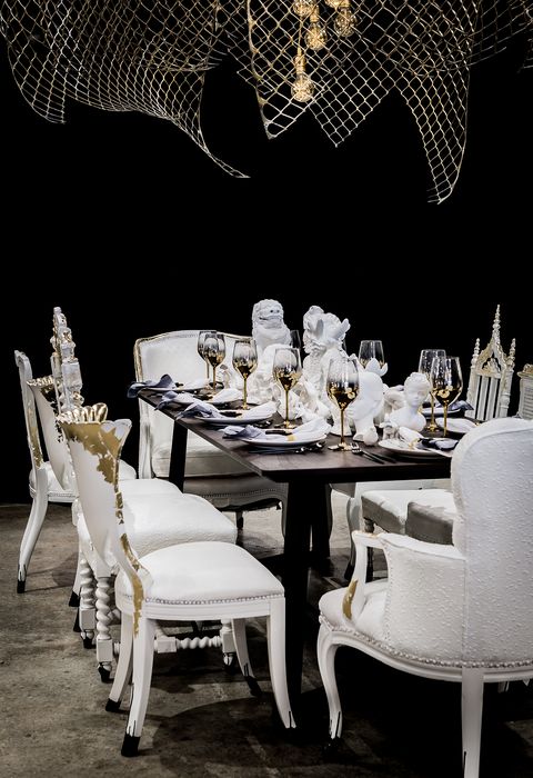 White, Furniture, Black-and-white, Table, Room, Dining room, Chair, Lighting, Monochrome photography, Interior design, 