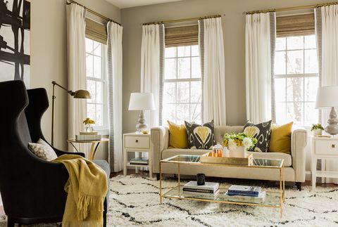 Living room, Room, Furniture, White, Interior design, Yellow, Curtain, Property, Couch, Home, 