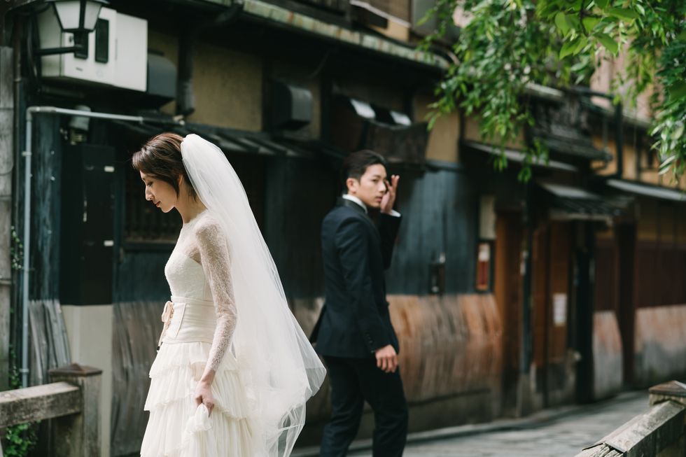 Photograph, Wedding dress, Bride, Veil, Bridal clothing, Snapshot, Dress, Wedding, Ceremony, Photography, 