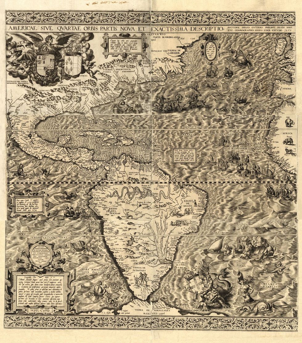 Dit deel van de kaart van Amerika van Diego Gutirrez werd gepubliceerd in 1562 Hij toont het gebied dat door de Spanjaarden is verkend vanaf Nez de Balboa tot Pizarro
