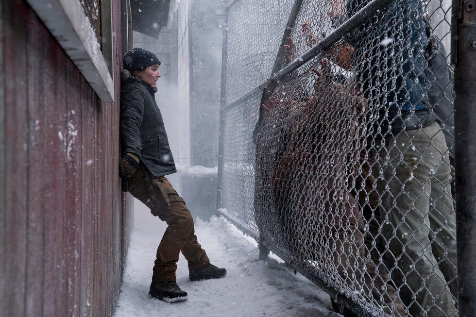 snowy scene with a person leaning against a wall and others behind a chainlink fence