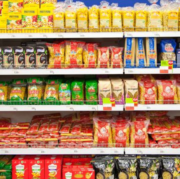 kaliningrad, russia january 31, 2021 pasta on supermarket shelves