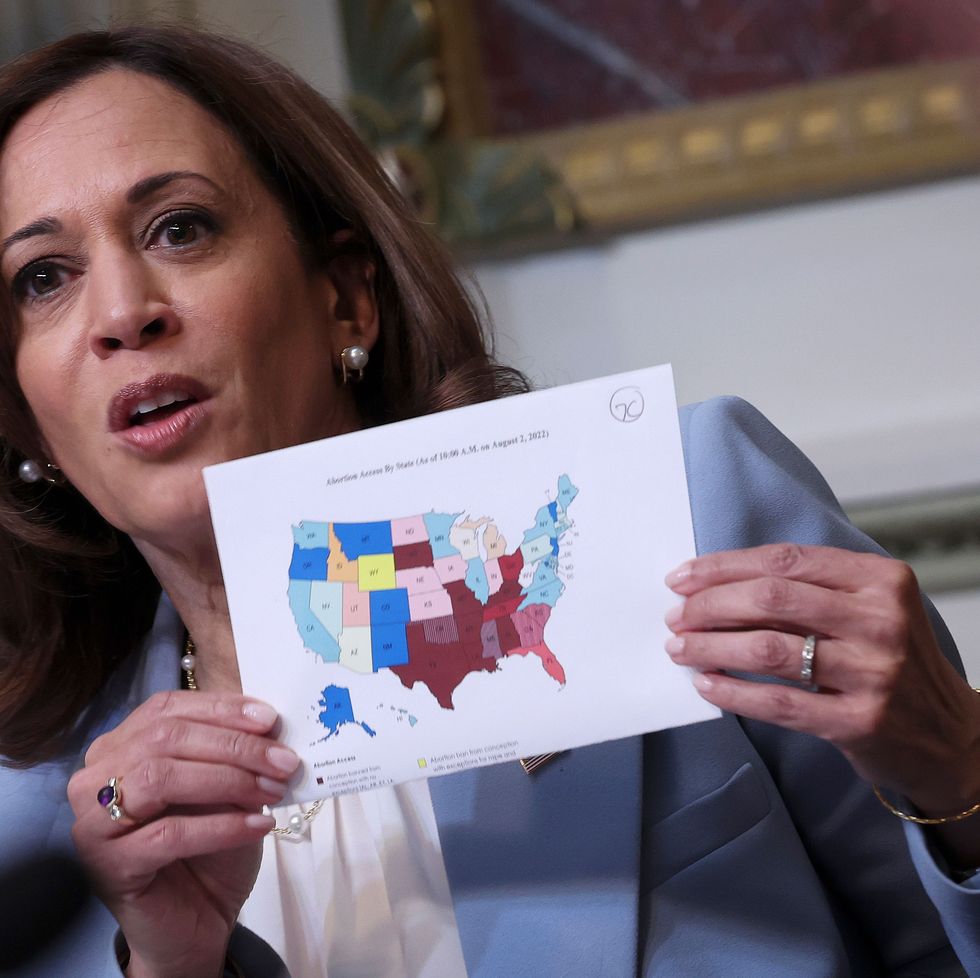 holding a map of the us showing the status of state abortion policies us vice president kamala harris delivers remarks at a meeting of the task force on reproductive healthcare access during an event at the white house