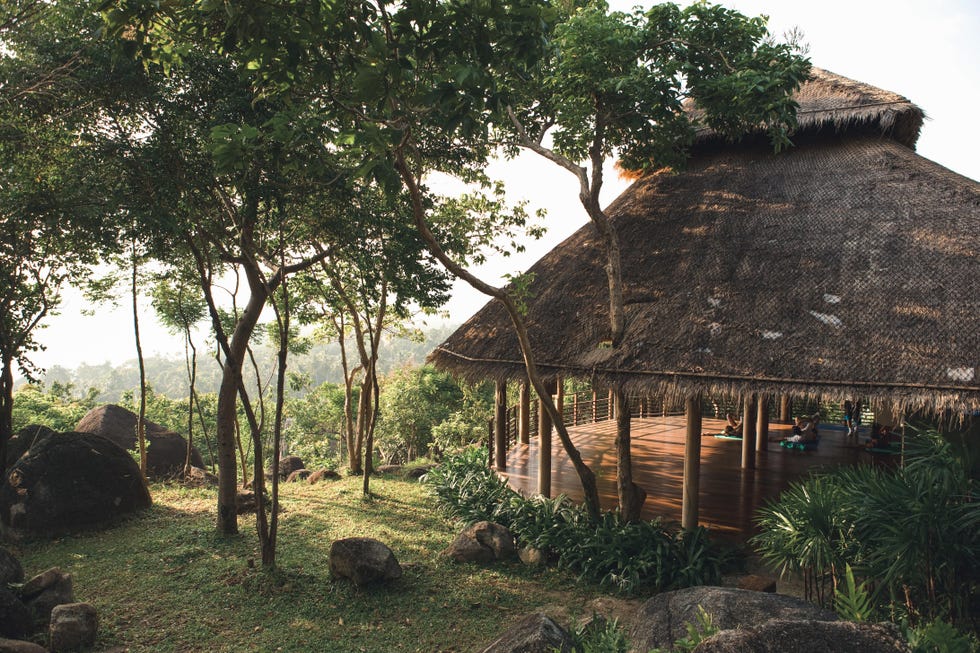 a house with a grass roof surrounded by trees and rocks