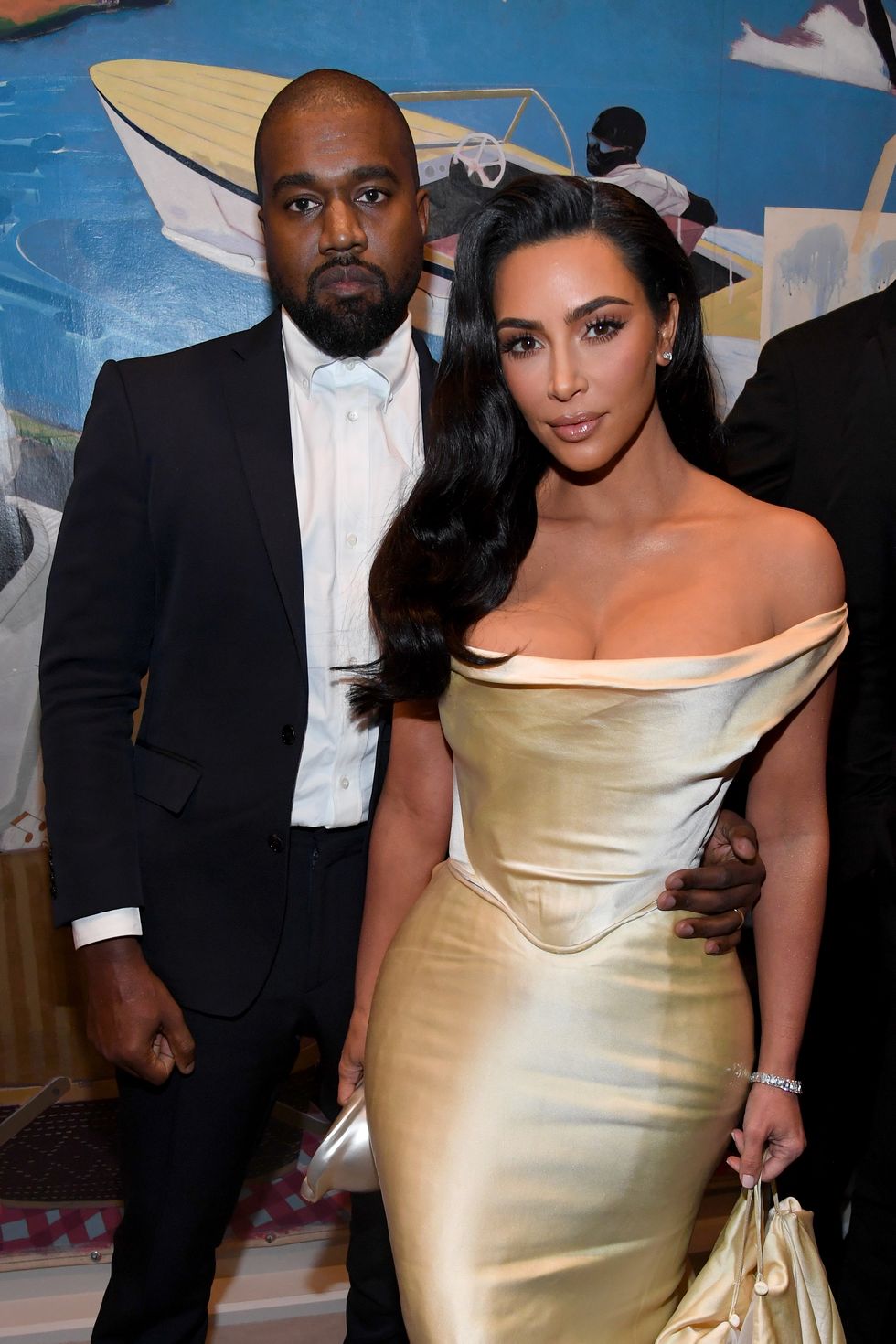 Kim Kardashian Wore an Off-the-Shoulder Gold Gown to P Diddy's Bday