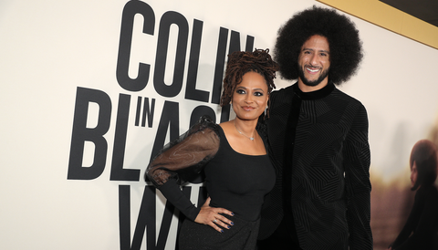 ava duvernay left and colin kaepernick at the colin in black and white premier