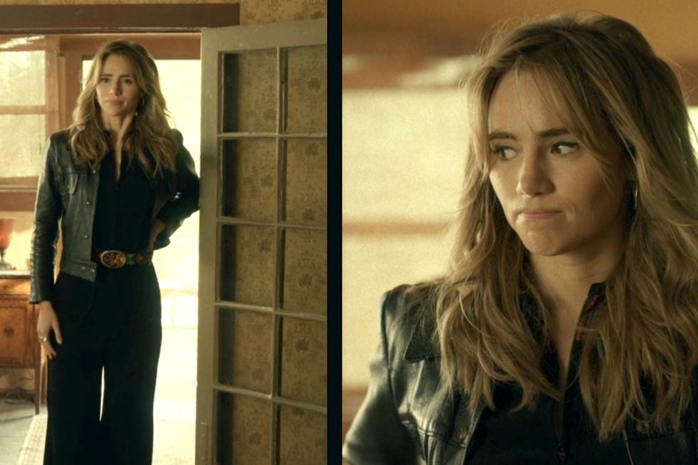 suki waterhouse wearing a denim jumpsuit and leather jacket in daisy jones and the six