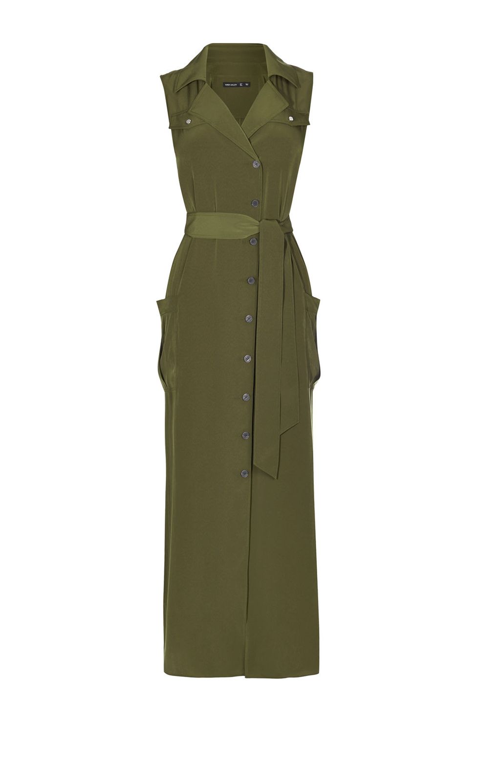 Clothing, Day dress, Dress, Green, Khaki, Outerwear, One-piece garment, Cocktail dress, Sleeve, Trench coat, 