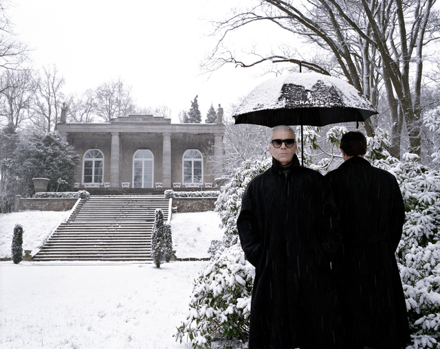 karl lagerfeld. german designer, top couturier, photographer and editor.hamburg, blankenese district, in front of the villa jako, 1995.special price, contact us.jean marie pÈrier for "designers's world" in elle magazine n∞2585 in july 1995.