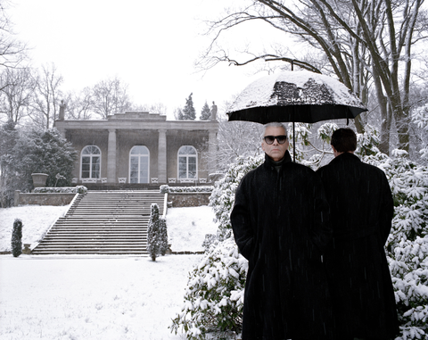 karl lagerfeld. german designer, top couturier, photographer and editor.hamburg, blankenese district, in front of the villa jako, 1995.special price, contact us.jean marie pÈrier for "designers's world" in elle magazine n∞2585 in july 1995.