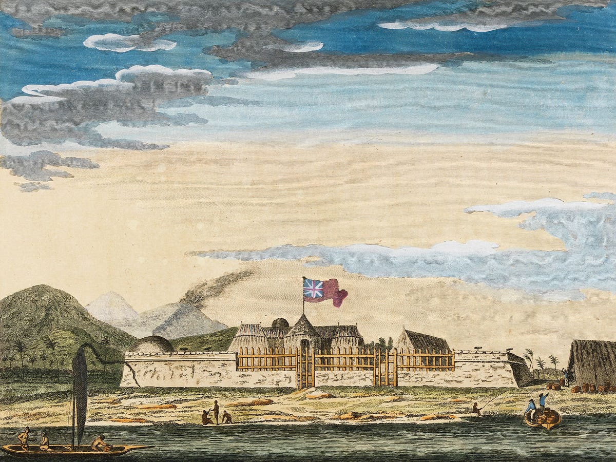 Fort Venus observatiepunt voor de Venusovergang op Tahiti Tekening bij het reisverslag van Joseph Banks assistent Sydney Parkinson