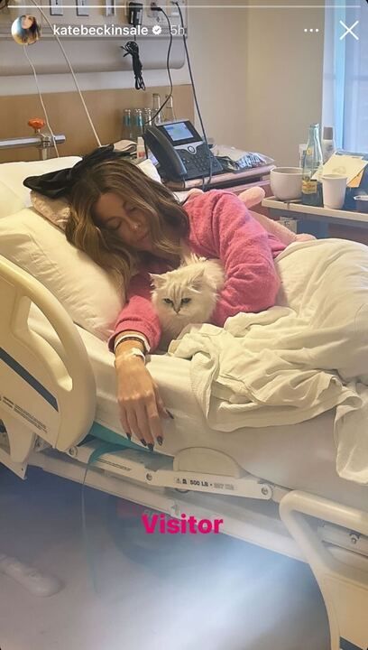 kate beckinsale lying in a hospital bed with her cat