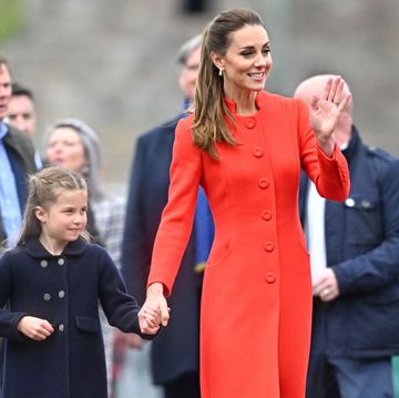 cardiff, wales   june 04  catherine, duchess of cambridge and princess charlotte of cambridge depart after a visit of cardiff castle on june 04, 2022 in cardiff, wales photo by samir husseinwireimage