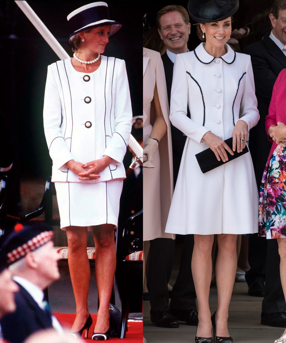 comparison of two women in similar white outfits at formal events