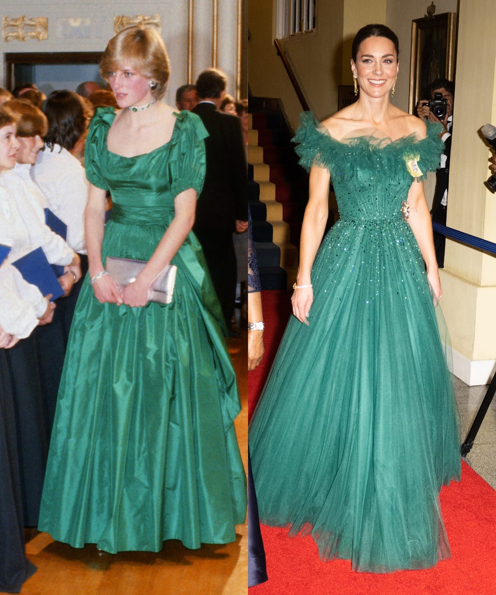 two women wearing elegant green dresses at formal events
