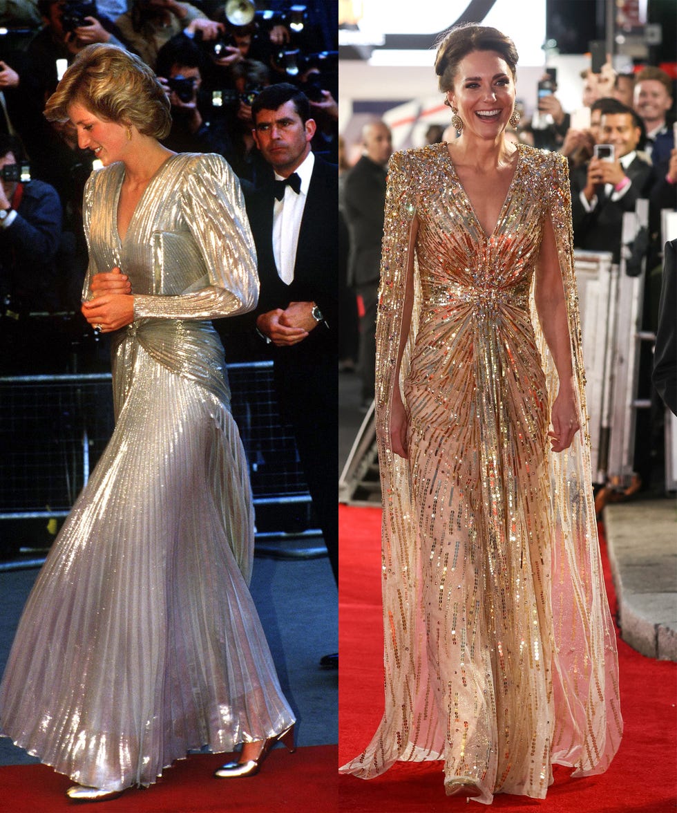 comparison of two elegant evening gowns worn at different events