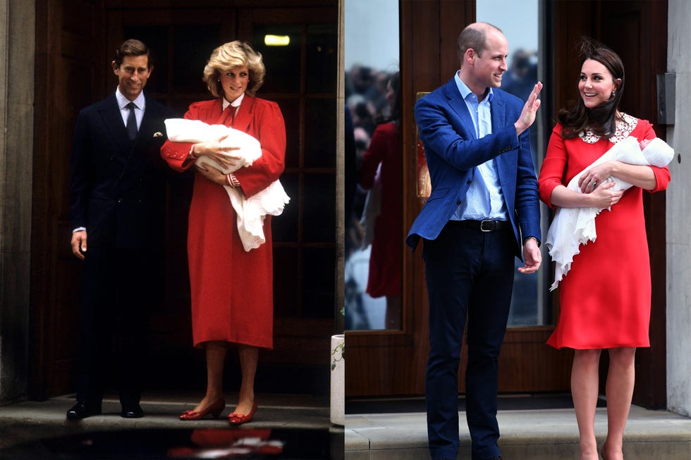 a sidebyside comparison of two royal families presenting newborns outside a building