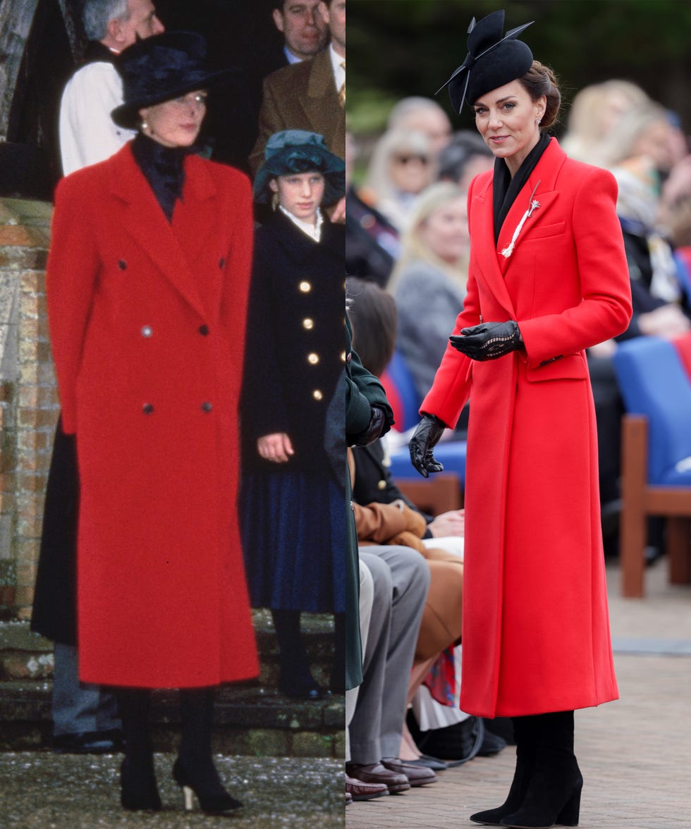comparison of two women in red coats at public events