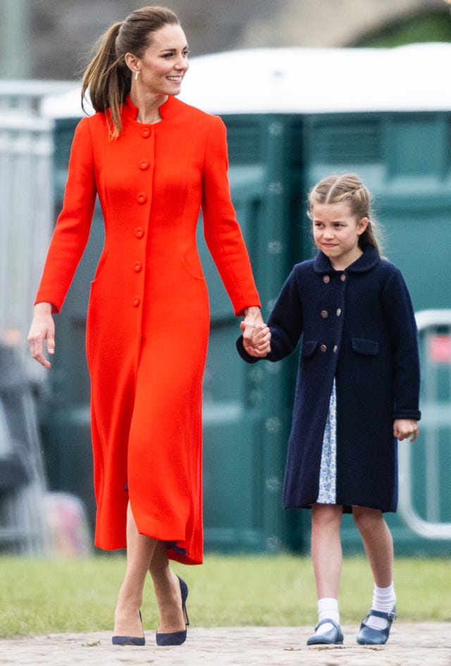 cardiff, wales   june 04 catherine, duchess of cambridge and princess charlotte of cambridge visit cardiff castle on june 04, 2022 in cardiff, wales the platinum jubilee of elizabeth ii is being celebrated from june 2 to june 5, 2022, in the uk and commonwealth to mark the 70th anniversary of the accession of queen elizabeth ii on 6 february 1952 photo by samir husseinwireimage