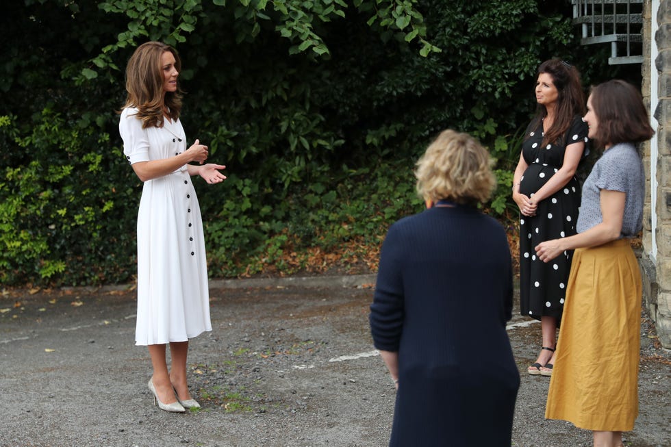 sheffield, england   august 04 catherine, duchess of cambridge talks to ceo baby basics uk cat ross, founder of abernecessities danielle flecher horn and ceo little village sophia parker during a visit to baby basic uk  baby basics sheffield on august 04, 2020 in sheffield, england baby basics is a volunteer project supporting families in need struggling to provide for their newborns photo by chris jackson   wpa poolgetty images