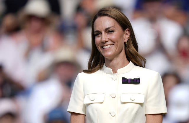 the princess of wales on centre court following the ladies' singles final on day thirteen of the 2025 wimbledon championships at the all england lawn tennis and croquet club, london. picture date: saturday july 12, 2025. *** local caption *** .