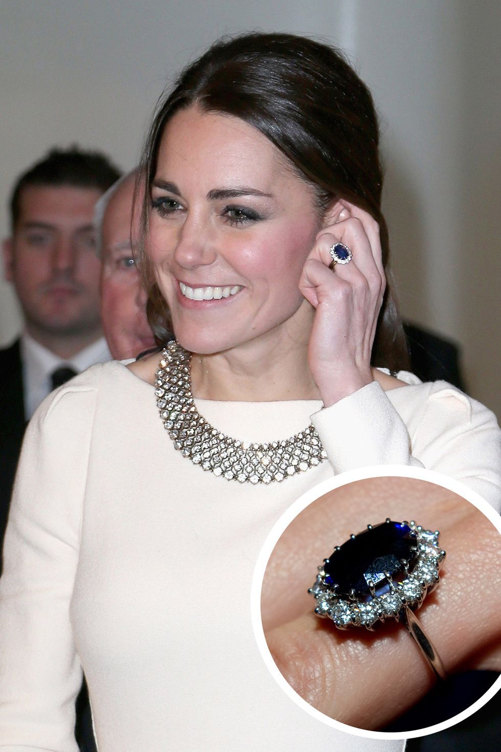 A close up of Kate Middleton's engagement ring as she and Prince... News  Photo - Getty Images