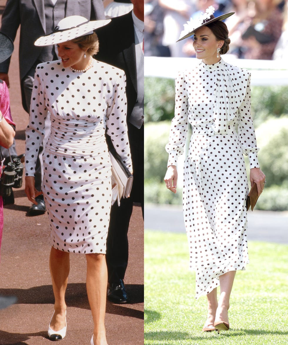 fashion comparison between two women wearing polka dot dresses at public events