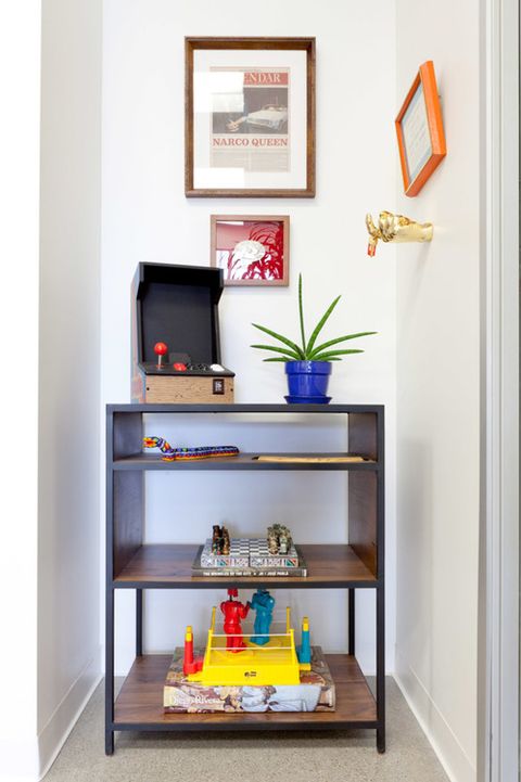 Shelf, Furniture, Shelving, Room, Orange, Table, Wall, Yellow, Interior design, Desk, 
