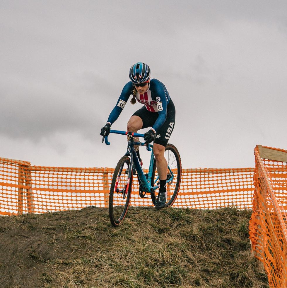 Katie Compton approaching a minimal descent at the UCI Cyclocross World Championships in Switzerland on February 1, 2020.