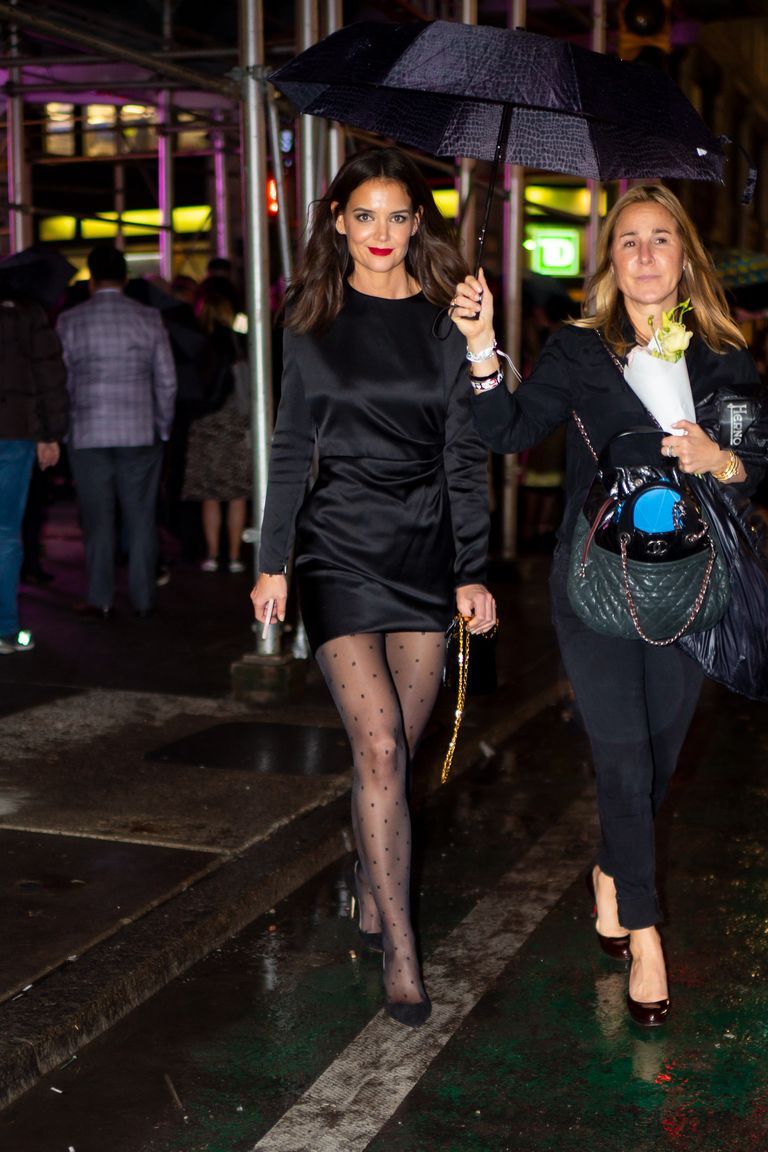 Katie Holmes Wears a Little Black Dress and Sheer Tights to