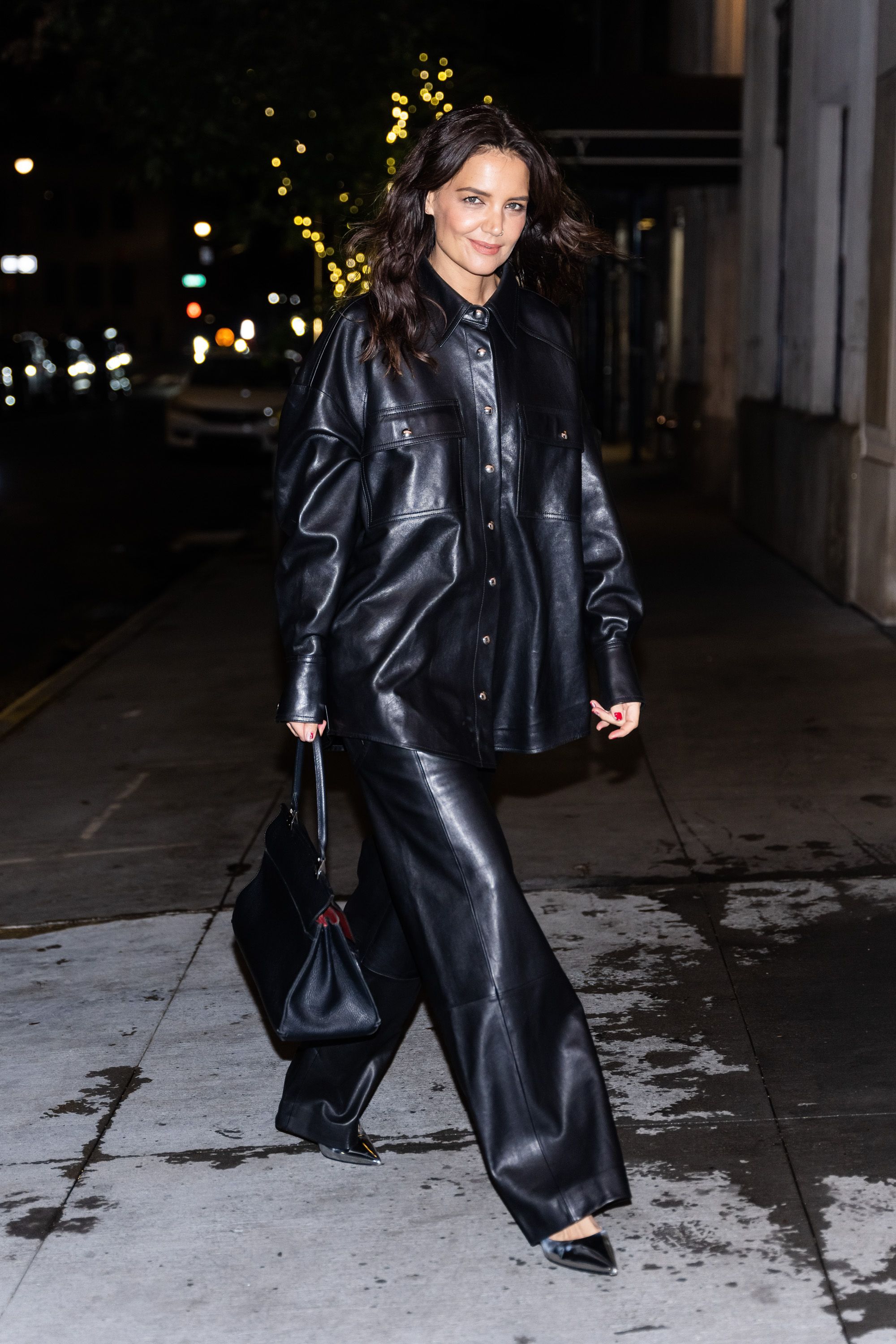 Katie Holmes Leather Pants Outfit