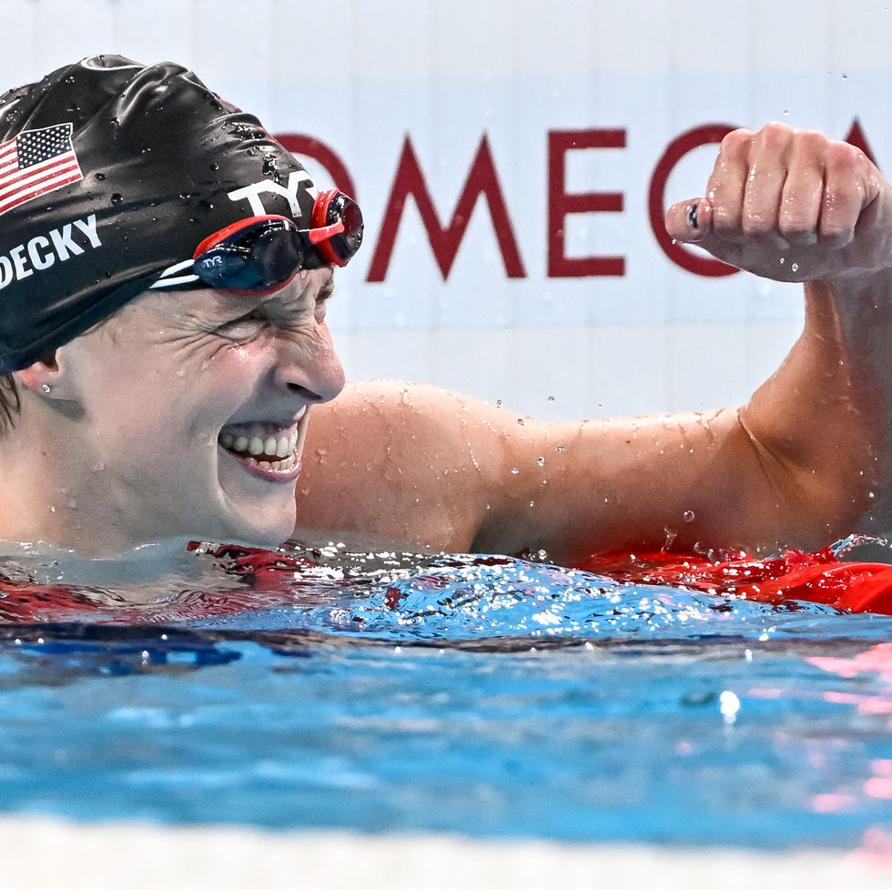 katie ledecky at the 2024 olympic games wearing a tyr swim cap