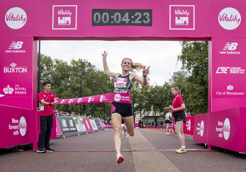 katie snowdon crosses the finish line at the 2024 vitality westminster mile