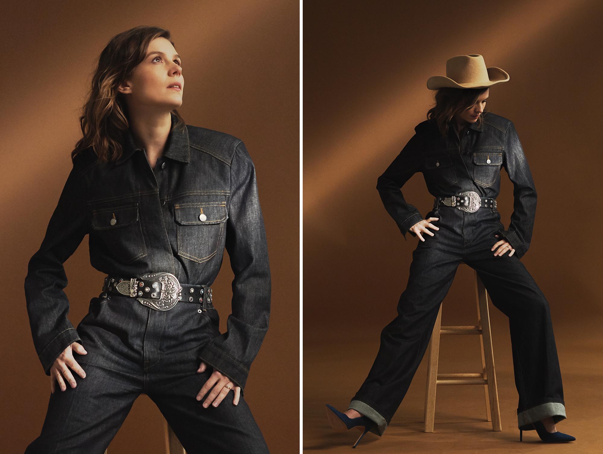 Clothing, Fashion model, Fashion, Jeans, Denim, Photography, Photo shoot, Headgear, Leather, Hat, 