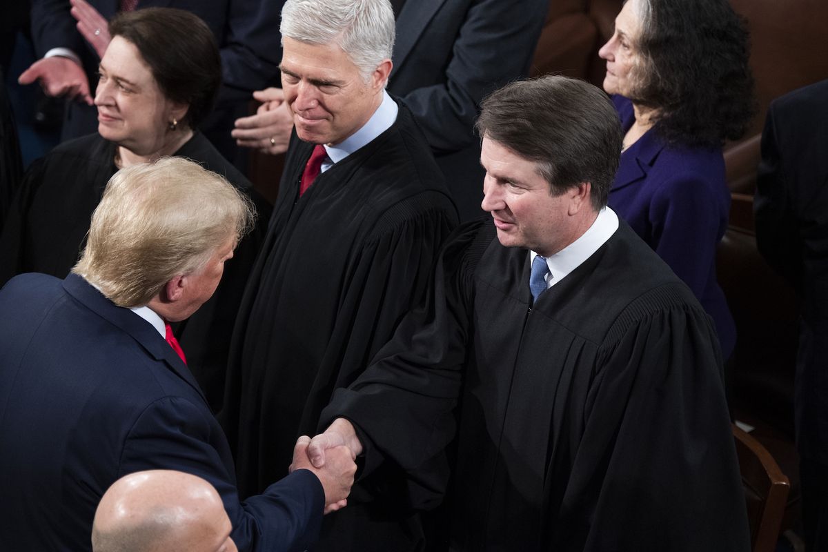 united states   february 04  president donald trump greets supreme court associate justice brett kavanaugh, are seen during his state of the union address in the house chamber on tuesday, february 4, 2020 photo by tom williamscq roll call, inc via getty images