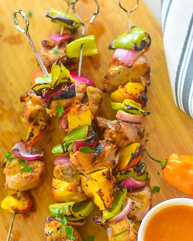 kebab recipe of grilled pork tenderloin skewers with habanero peach sauce