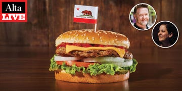 a hamburger with a california republic flag on top