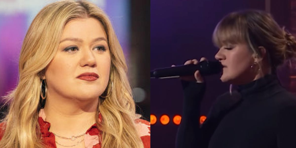 kelly clarkson singing into a microphone