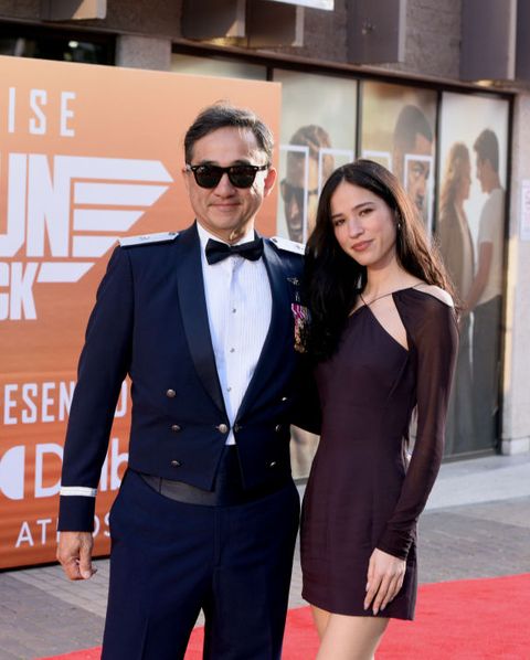 san diego, california   may 04 l r brigadier general jim c chow and kelsey asbille attend the global premiere of top gun maverick on may 04, 2022 in san diego, california photo by vivien killileagetty images for paramount pictures