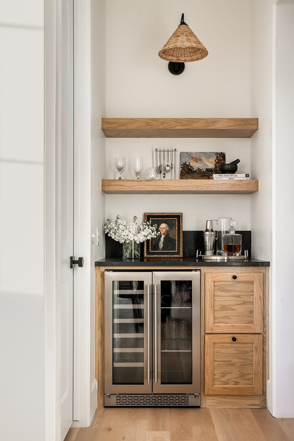 home bar ideas, wood bar with drink fridge