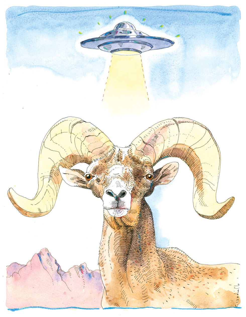 ken layne, desert oracle, illustration, joe ciradiello, ram, ufo