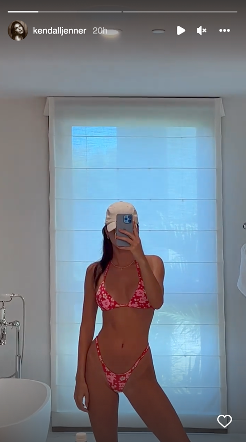 kendall jenner pink and red hibiscus pattern bikini