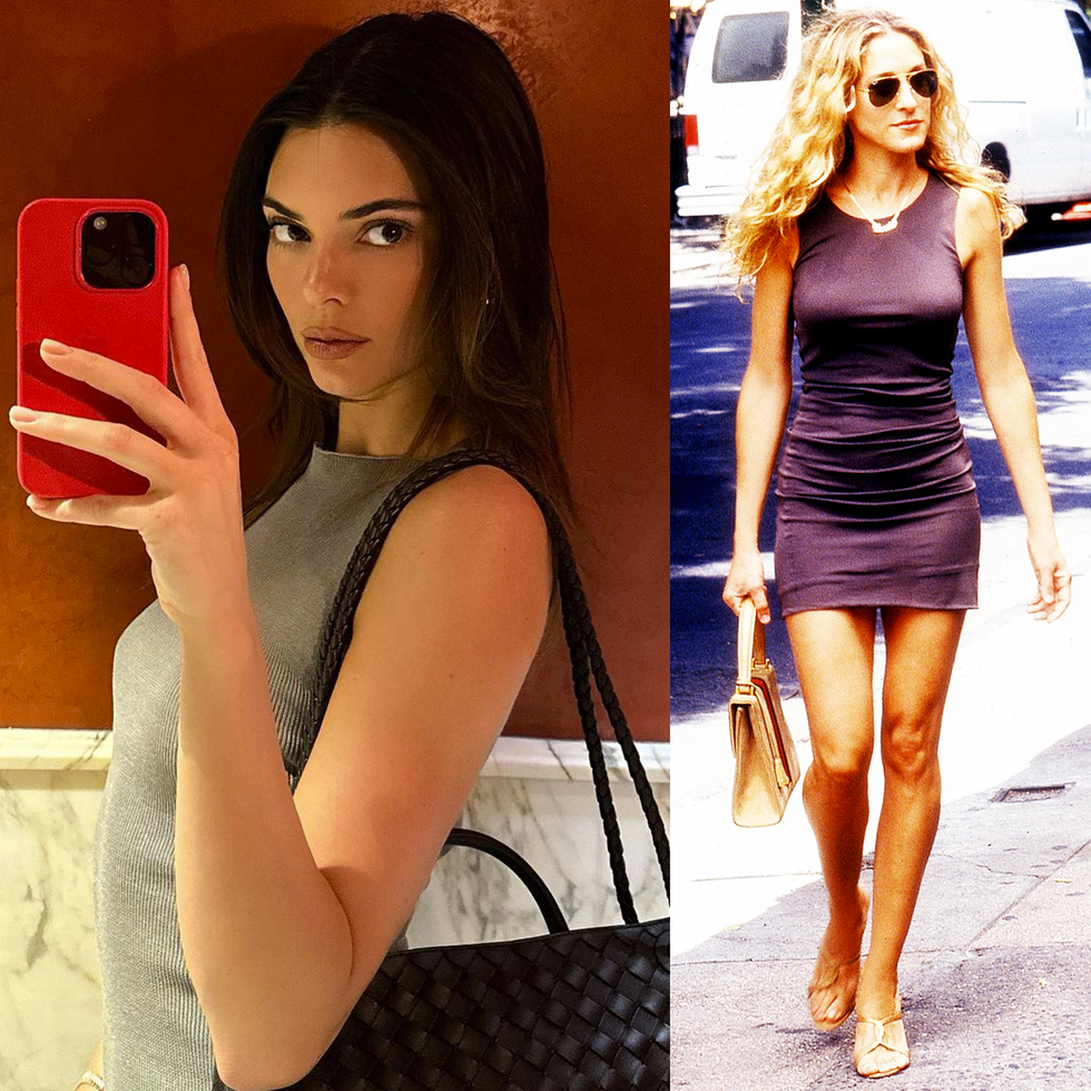 Kendall Jenner channels Carrie Bradshaw in tiny tank dress and heels